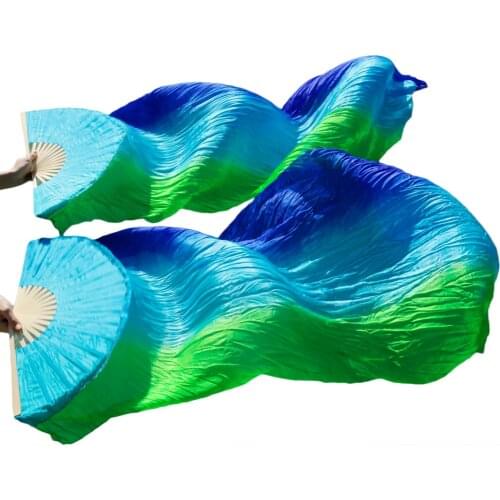 2018 Newest Belly Dance Silk Fans Handmade Dance Fans 1 Left Hand+1 Right Hand Royal blue + Turquoise + Green Stripes