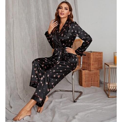 2PC New Ladies Pajamas Summer Silk Pajamas Women Long-Sleeved Trousers Home Service Set Ladies Pajamas Set Home Service Suit Set
