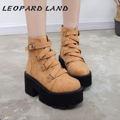 LEOPARD LAND 8cm High Spot New Muffin Bottom Boots Waterproof Platform Belt Buckle High Heel Boots Boots Ankle Boots Women JXQ
