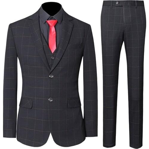 Slim Men Suits Check Fit 3 Pieces Business Work Office Daily Life Plaid Suit Wedding Groom Banquet Party Prom Black Light Gray