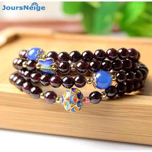 Wholesale Red Wine Natural Garnet Bracelets With Roasted Blue Transporter Beads Lucky for Women Gift Crystal Bracelet Jewelry