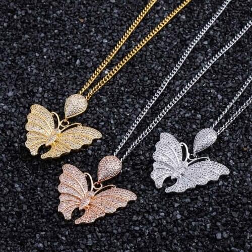 Hip Hop Rapper Men Women Jewelry Shiny Cubrc Zirconia Bling CZ Butterfly Pendants Necklace For Girls Couple Gift Cuban Chains