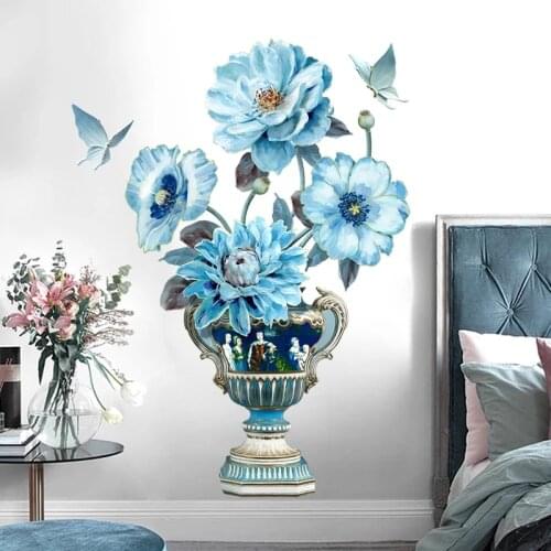 Peacock Blue Flower Vase Wall Stickers Butterflies Vintage Art Living Room Bedroom Home Office Decor Pegatinas De Pared 70*110cm