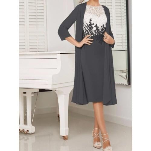 Two Piece Mother Of The Bride Dresses Lace Appliques Robe Satin Wedding Guest Gowns Knee Length Sheath Scoop Chiffon Appliques