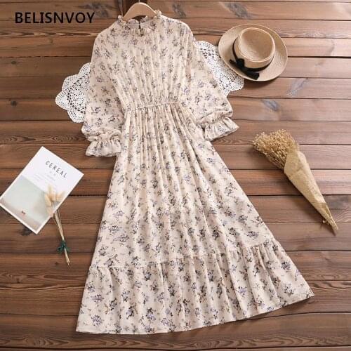 Floral Print Pleated Print Pleated Dress Flare Sleeve Chiffon Midi Dress Ruffled Loose Ladies Dresses Beach Sundress Ropa Mujer