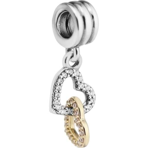 Fits for Pandora Charms Bracelets Interlocked Hearts Beads with 14K Real Gold 100% 925 Sterling Silver Jewelry Free Shipping