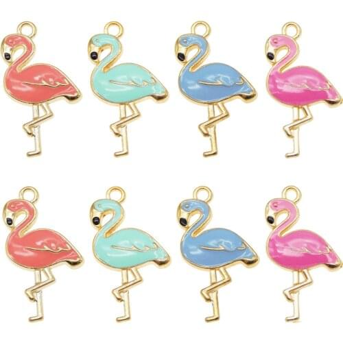 8pcs Mix Flamingo Charm Enamel Color Pendant Jewelry Findings Gold Alloy Pendant Handmade Necklace Women Earrings Gift Accessory