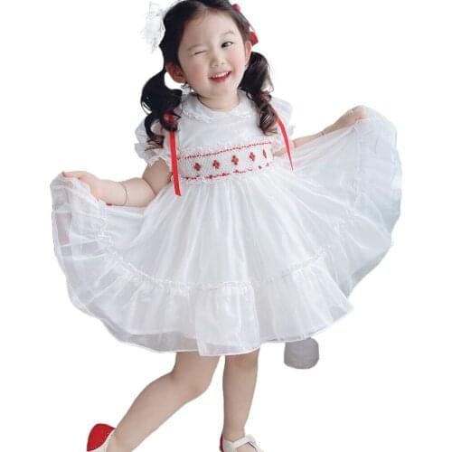 Custom Girl Spanish Baby Birthday Dress Lolita Sweet White Lace Dress Smocking Girl Kids Holiday EID Dress Flower Girls Dress
