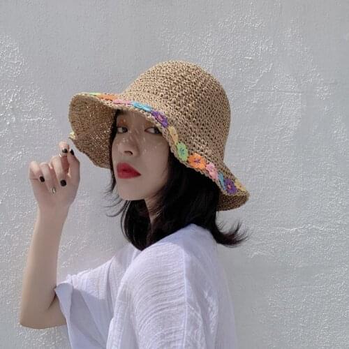Fashion Women Summer Flower Pattern Sunscreen Foldable Big Brim Straw Beach Hat Fisherman Hat