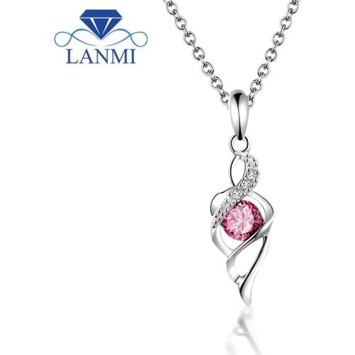 18K Solid White Gold Round Gemstone Pink Tourmaline Pendant Necklace Pretty Diamond Jewelry for Wife Wedding Party Gift