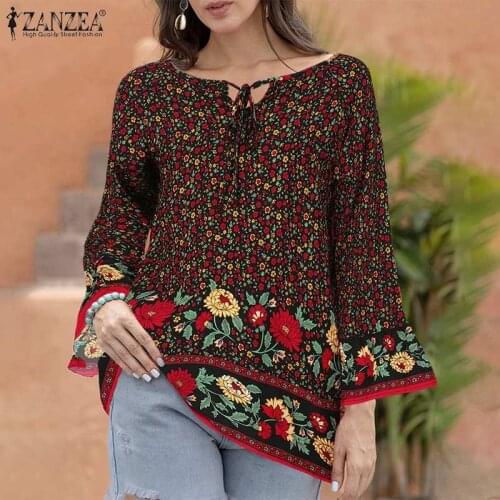Oversized Autumn Floral Blouse Women Bohemian Printed Shirts ZANZEA Vintage Holiday Party Long Flare Sleeve Tops Loose Chemise