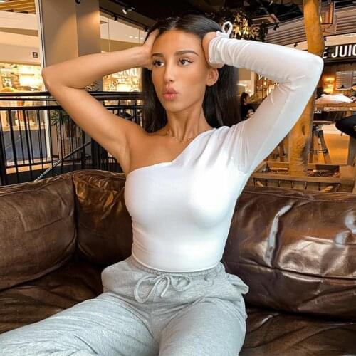 Women One Shoulder Off Shirt Long Sleeves Short Navel Exposed Top Irregular Simple Solid Color T-shirt Fashion Sexy Clothing