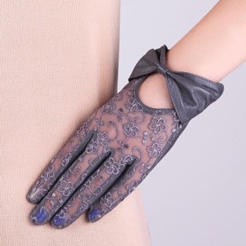 2020 Summer New Ladies Genuine Leather Lace Short Thin Gloves Women Bow Anti-UV Pure Leather Mittens Mujer Black/Brown Luvas