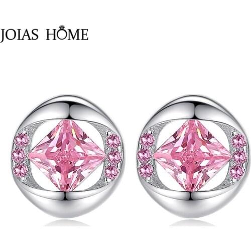 JoiasHome Silver 925 Jewelry Geometry Gemstones Earrings for Women Pink White Zircon Female Ear Studs Delicate Party Wholesale
