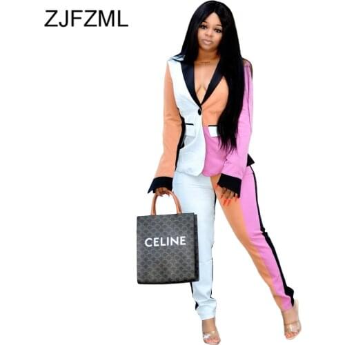 Color Block Spliced Tracksuit Business Suit for Women Notched Collar Long Sleeve Blazer and Pencil Pant Elegant Two Piece Outfit