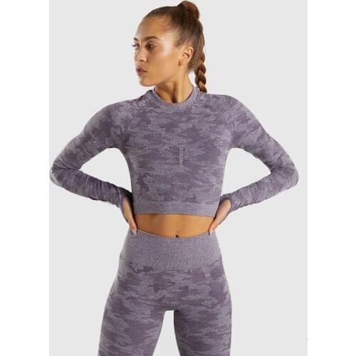Women Camouflage Yoga Crop Top Seamless Long Sleeve Workout Shirts Cropped Fitness Running Sport T-Shirts Tight Gym Sportswear