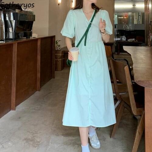 Women Short Puff Sleeve Dresses Solid V-neck Single Breasted Lace-up High Waist Retro Sweet Ruffles Streetwear Elegant Teens New