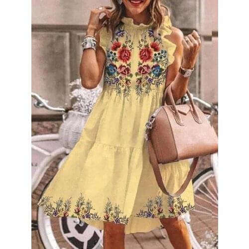 Plus size dresses for women 4xl 5xl 6xl Women sleeveless frill collar floral printed smock dress White yellow gray blue sukienka