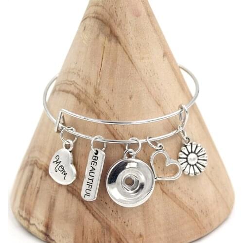 10PCS Wholesale Liobonar Snap Button Charms Bracelets Flower Heart Family MOM Bracelet Wire Bangle Mama gift mother gift pulsera