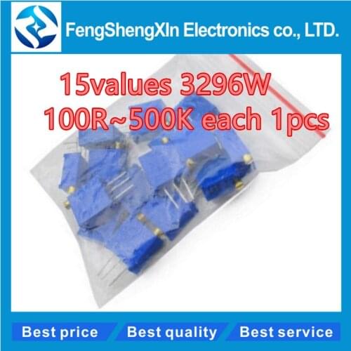 15valuesX1pcs=15pcs 3296 100ohm-2Mohm 0.5w 3296w Variable Resistors MultiTurn trimmer adjustable precision Potentiometer kit