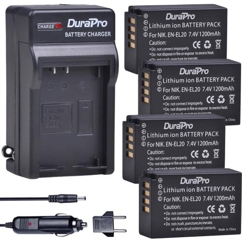 4pc 1200mAh EN-EL20 EN EL20 ENEL20 Rechargeable Camera Battery + Car Charger for Nikon 1 J1 J2 J3 S1 Free Drop Z1 Camera