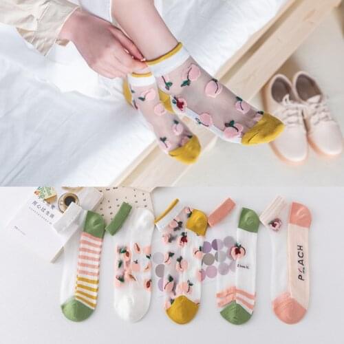5 pair female summer ins fashionable glass silk crystal female socks peaches transparent and thin ship socks with cotton bottom