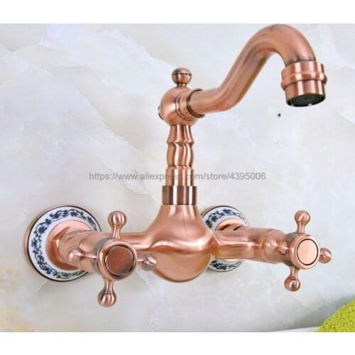 Antique Red Copper Wall Mounted Basin Faucets Bath Faucets Dual Handle Dual Hole Bathroom Sink Washbasin Water Mixer Tap Bnf941