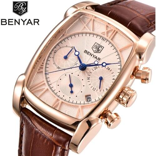 BENYAR Mens Watches Classic Rectangle Case Fashion Sport Chronograph Waterproof Genuine Leather Strap Luxury Quartz Watch Men