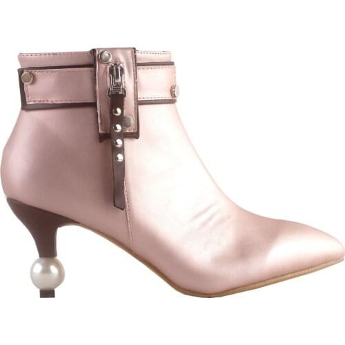 LF60425 SHOW STORY Retro Two Tone Stud Zip Pointed Toe Exquisite Pearl Heel Dress Ankle Bootie