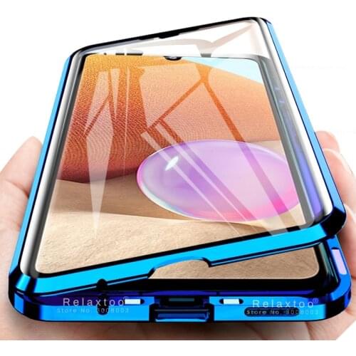 360° full cover magnetic adsorption flip case for samsung galaxy a32 a 32 2021 4g metal bumper double-side tempered glass coque