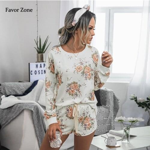 Floral Print Home Tracksuit Women Suits Autumn Long Sleeve Casual Loose Womens T-shirt Drawstring Shorts Two Piece Set Outfits