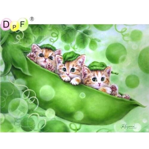 DPF 5D Round full Diamond painting Cross Stitch Diamond Embroidery Needlework green pea kittens diamond Mosaic decor crafts