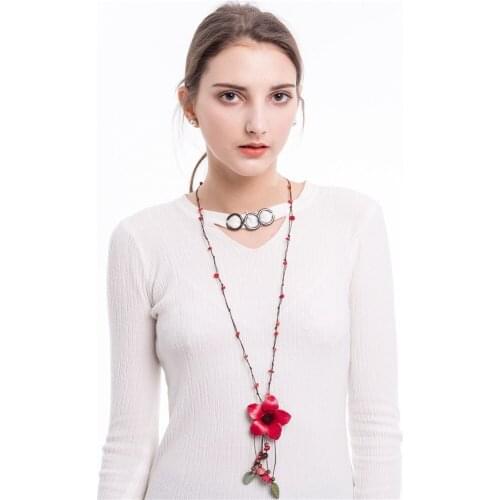 HOCOLE Bohemia New Leather Flowers Wood Beads Pendant Necklace for Women Girls Long Chain Strip Fashion Jewelry Necklace Gifts