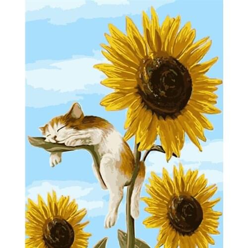 Painting By Numbers DIY Dropshipping 40x50 50x65cm Sun flower sleeping kitten Animal Canvas Wedding Decoration Art picture Gift