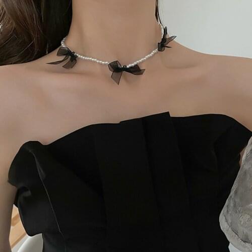 Korea Sweet Black Lace Bow Necklace Simple Bowknot Pearl Clavicle Chain Collar For Women Lady Gothic Jewelry Gift