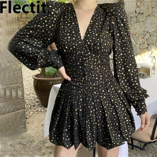 Flectit Gold Star Print Mini Dress Lantern Sleeve V-neck Button Front 2021 Spring Summer Womens Feminin Sexy Party Club Dress