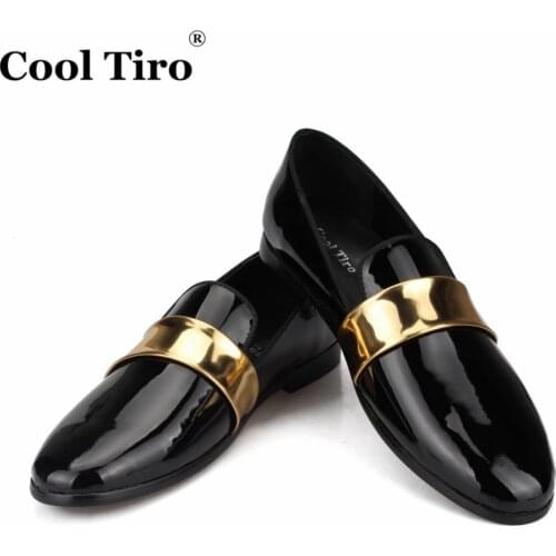 Cool Tiro Black Patent leather Mens Loafers Gold belt SmokingSlippers Moccasins Mens Dress Shoes Wedding Flats Casual Shoes