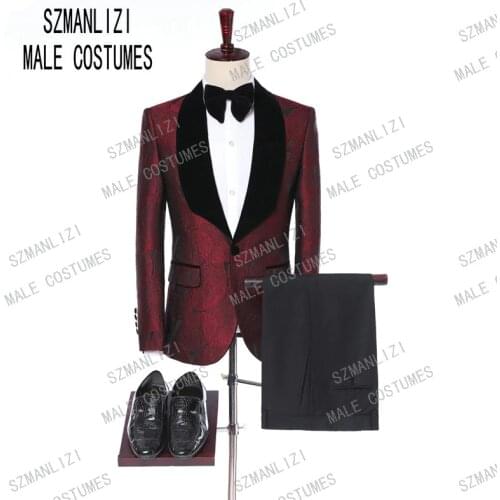 Mens Suits With Pants 2019 Italian Design Slim Fit Velvet Lapel Burgundy Leaves Party Groom Tuxedo Men Wedding Suits For Men