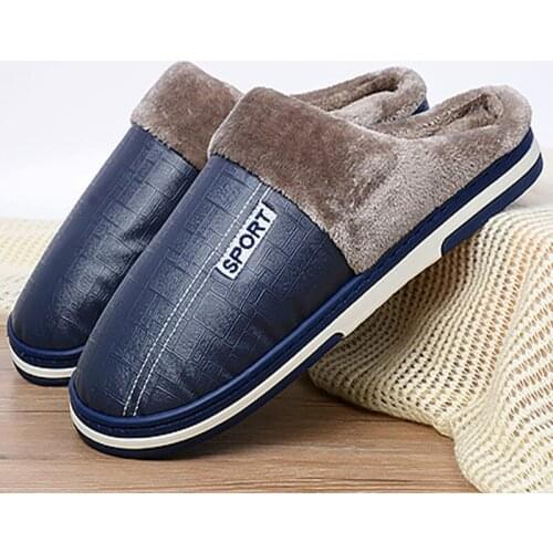 Mens Slippers Winter Big Size 39-45 PU Leather Indoor Shoes for Male Keep Warm Antiskid Cozy Short Plush Home Slippers Men 2020