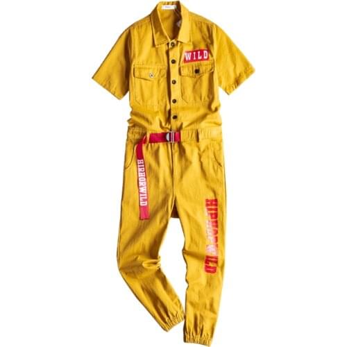 Mens Letter Print Short Sleeve Jumpsuit Multi-pocket Hip Hop Workwear Yellow Red Loose Pants