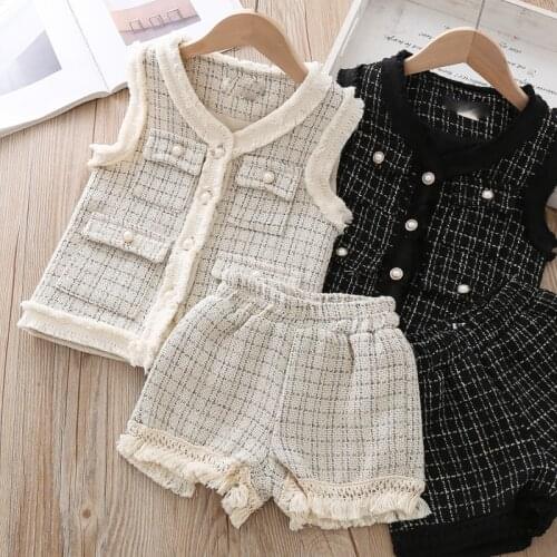 Autumn Teens Girls Clothing 2 Piece Set Plaid Sleeveless Jacket+Tassel Hem Shorts Children Clothes Kid Pretty Outfits 3-8T