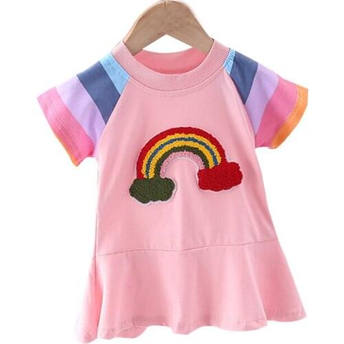 Summer Cartoon Rainbow Girls Dress 3 Color Cute Toddler Casual Hooded Long Sleeve Childrens Clothing Kids Birthday Present