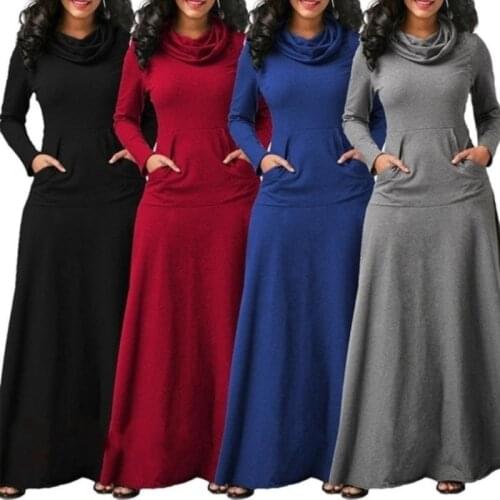 Women Warm Dress With Pocket Casual Solid Vintage Autumn Winter Maxi Dress Robe Bow Neck Long Elegant Dress