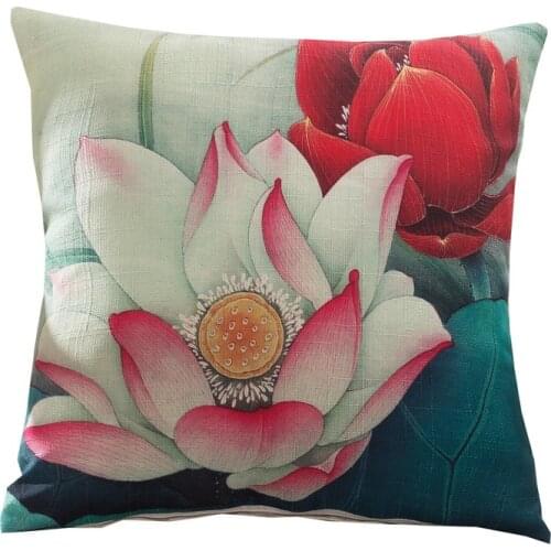 RUBYLOVE Cushion Cover Cotton Polyester Chinese Lotus Printed Home Decorative Pillows Cover Pillowcase Housse De Coussin