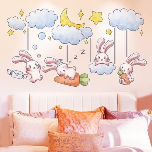 [SHIJUEHEZI] Rabbits Animals Wall Stickers DIY Clouds Stars Carrots Wall Decals for Kids Bedroom Baby Room Home Decoration