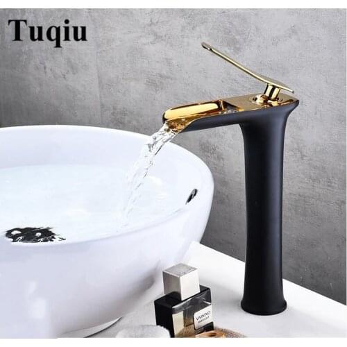 Basin Faucets Waterfall Bathroom Faucet Single handle Basin Mixer hot and cold black and gold Faucet Brass Sink Water Crane