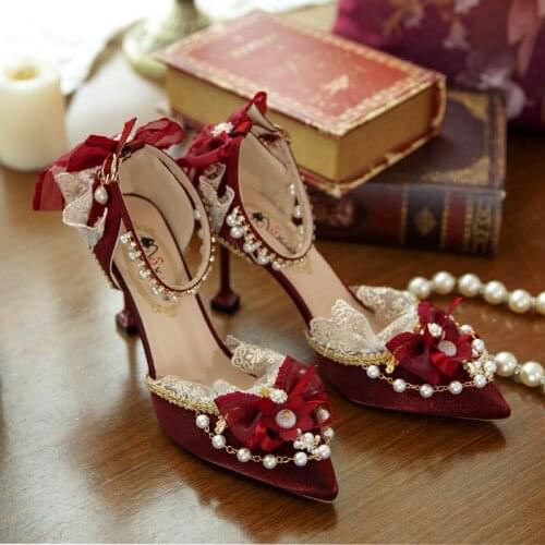 Fashion Luxury Lolita Shoes Red Flower Wedding Pointed Toe Stiletto Bride High Heel Sweet Japanese Women Anime Kawaii Tea Party