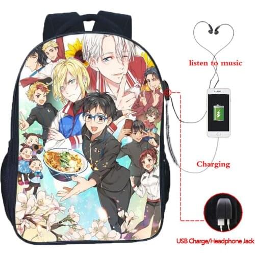 Usb Charge Yuri!!! on Ice Victor Backpack Fashion Schoolbags Book Bags School Gift Hip Hop Rucksack Yuri On Ice Laptop Knapsack