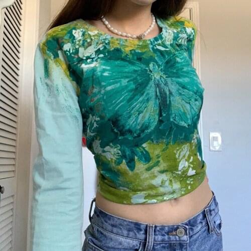 Y2K Harajuku Hippie Fashion Green Tie Dye Butterfly Grunge Crop Top T-shirt Women Basic Vintage Long Sleeve Tee