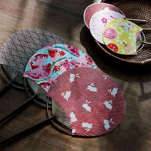 Japanese Cotton Round Fan and Wind Double Sided Round Fan Classical Decorate Wind Bamboo Fan Parent Child Summer Cool Fan